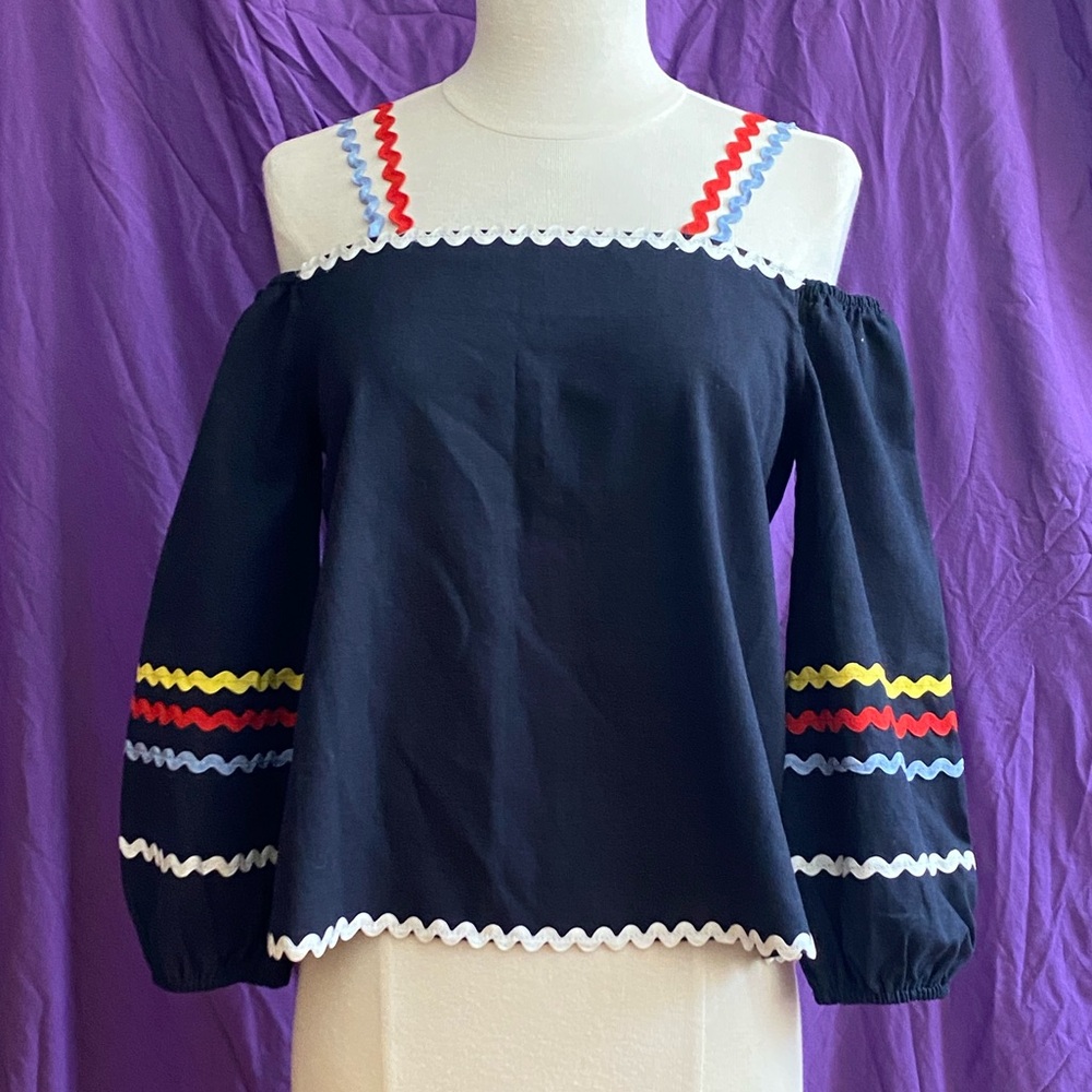English Factory Black with White/Red/Yellow/Blue Ribbon Peasant Blouse. Size S.
